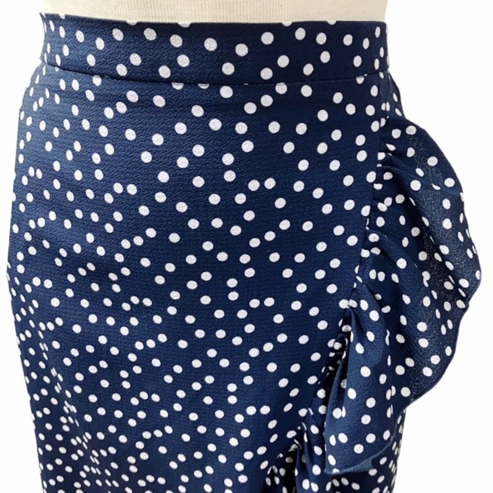 BLUE RAIN Faux Wrap Skirt Women’s SIZE XS Navy/White Polka Dot Ruffle Stretch - Picture 2 of 10